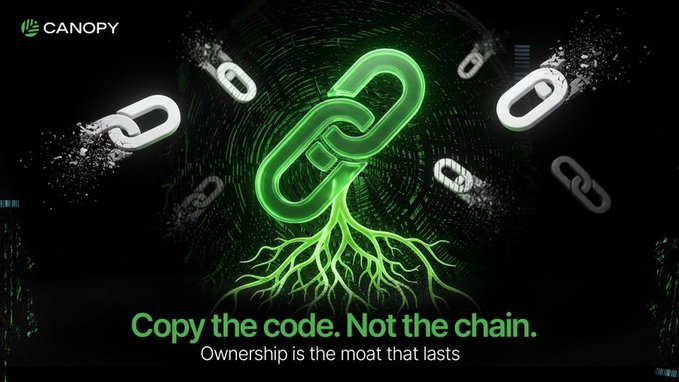 The image is a promotional graphic for Canopy (CNPY) featuring a glowing green chain link taking root like a tree against a dark background, with breaking chains symbolizing disruption. The bold text reads "Copy the code. Not the chain." with the tagline "Ownership is the moat that lasts," reinforcing the post's message that builders don't need a complete chain—they can start with an idea, build the product, and grow into sovereignty under CNPY's ecosystem.