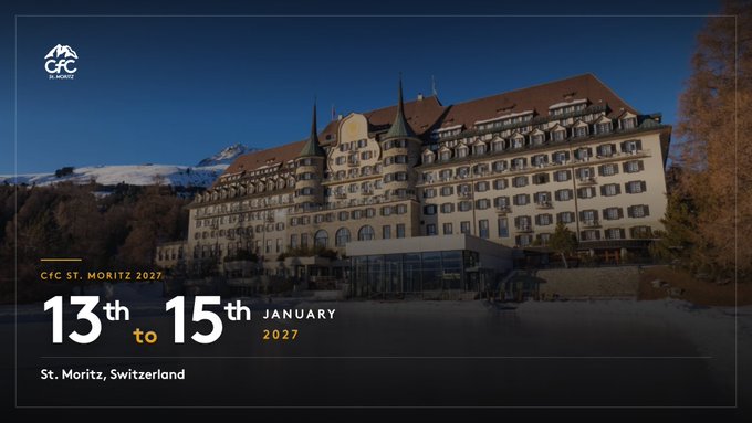 A promotional graphic for "CFC ST. MORITZ 2027" event taking place 13th to 15th January 2027 at St. Moritz, Switzerland, featuring an image of a grand hotel building against a mountain backdrop.