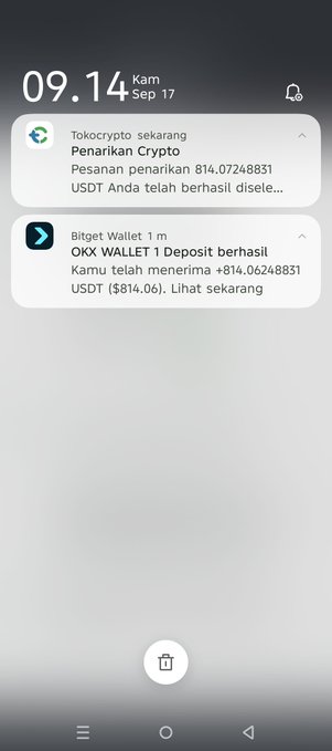 A smartphone notification screen showing two crypto deposit confirmations for +814.07248831 USDT from Tokocrypto and OKX Wallet.