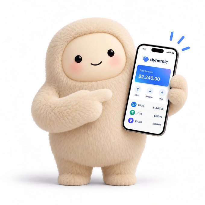 A 3D-rendered fuzzy mascot character holding a smartphone displaying the 'dynamic' crypto wallet app with a total balance of $2,340.00, showing USDC, USDT, and PYUSD holdings.