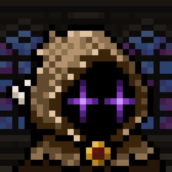 A pixel art illustration of a hooded figure with glowing purple eyes holding a gold ring, set against a dark brick background.