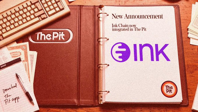 A desk mockup shows an open binder displaying a "New Announcement" that "Ink Chain now integrated in The Pit," alongside The Pit logo, a keyboard, and handwritten note "Download The Pit app." The image visually reinforces the post's message about Ink (INK) being newly available for trading on The Pit app.