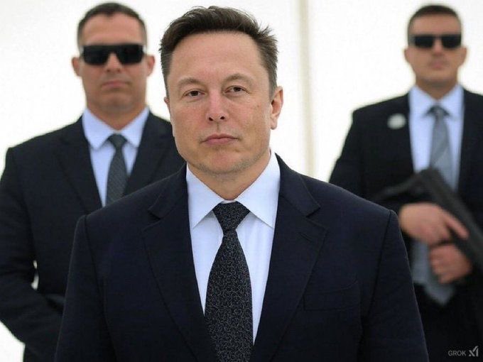 A portrait-style image of Elon Musk in a dark suit with security guards in sunglasses behind him, marked with a 'Grok' watermark in the corner.
