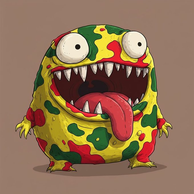 A cartoon illustration of a yellow, red, and green spotted monster with large bulging eyes, sharp teeth, and a long tongue sticking out.