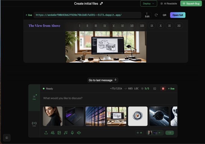 A screenshot of a code editor interface showing a deployed web app at 'aed6e790b93bb2f939e79b1b81fa591--5173.dappit.app/' titled 'The View from Above' with a chat interface below and various thumbnail images.