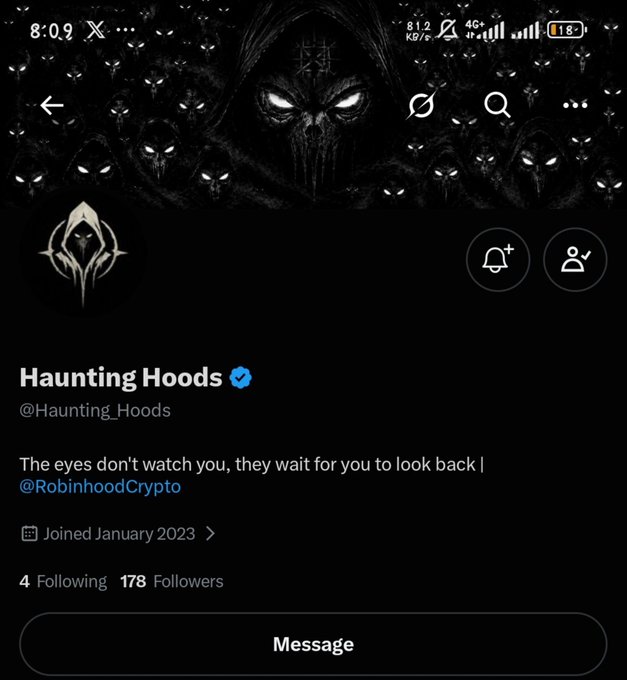 A screenshot of a Twitter (X) profile for 'Haunting Hoods' (@Haunting_Hoods) featuring a dark hooded avatar with glowing white eyes and the bio text 'The eyes don't watch you, they wait for you to look back | @RobinhoodCrypto'.
