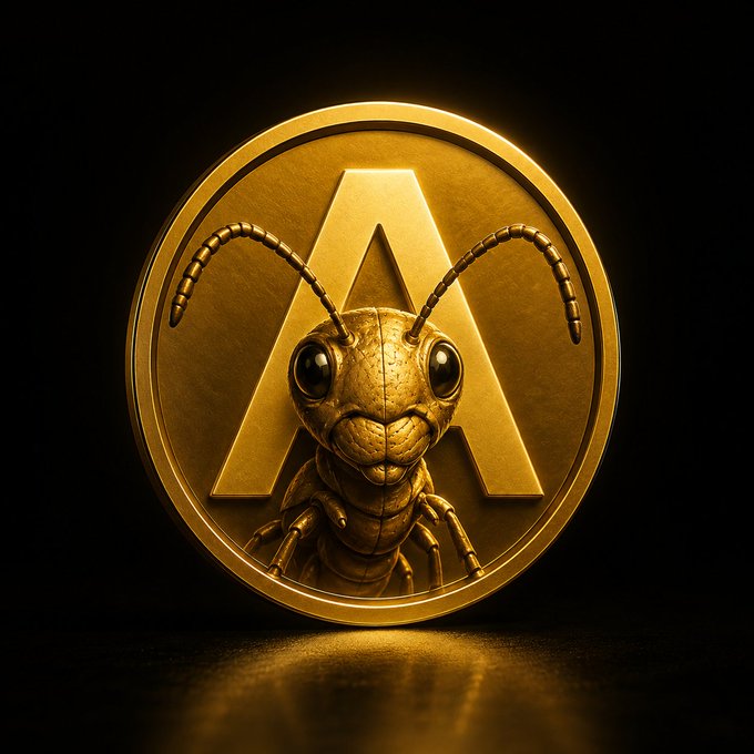 A 3D-rendered golden medallion featuring a detailed ant insect in the center, positioned in front of a large letter "A" on a dark background.