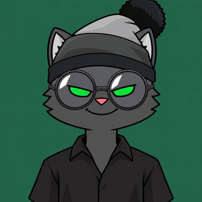 A cartoon gray cat wearing round glasses, a black beanie with a pom-pom, and a dark shirt smiles against a green background. The cheerful image matches the post’s upbeat message: “don’t worry we’ll have fun again today (@N3RDROOF members inclusive). good morning.”
