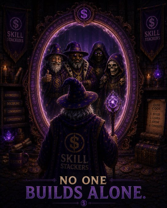 A mystical poster featuring hooded wizards with the "SKILL STACKERS" branding displays the tagline "NO ONE BUILDS ALONE" along with values like "KNOWLEDGE, DISCIPLINE, COMMUNITY, CONSISTENCY" and a list including "BUILD, LEARN, GROW, CONQUER".
