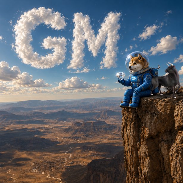 A Shiba Inu in a blue “GM” astronaut suit sits on a cliff with a gray dog and globe, overlooking a vast canyon as clouds form “GM.” The post’s “GM $DOG ARMY” is echoed by the visible “GM” text and Doge-themed space-exploration imagery.