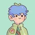 A cute cartoon-style illustration of a character with blue hair, a yellow bow, and a green jacket with a colorful badge, set against a light teal background.