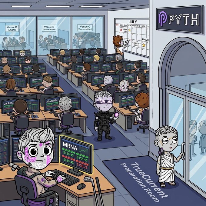 A cartoon illustration of a 'True Current Preparation Room' labeled 'PYTH' showing various cryptographer characters (including figures labeled MRNA, AAPL (Text), and others) working at computers in different venues, with a calendar showing July and August.