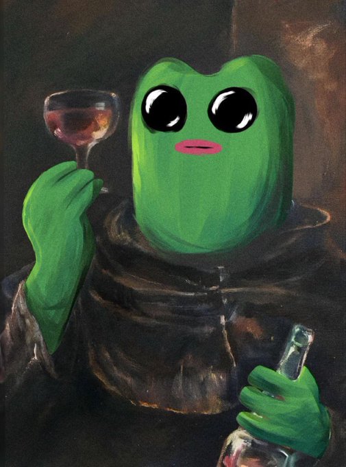 A painting parodying a classical portrait, featuring a green Pepe the Frog character dressed as a monk holding a wine glass and a bottle.