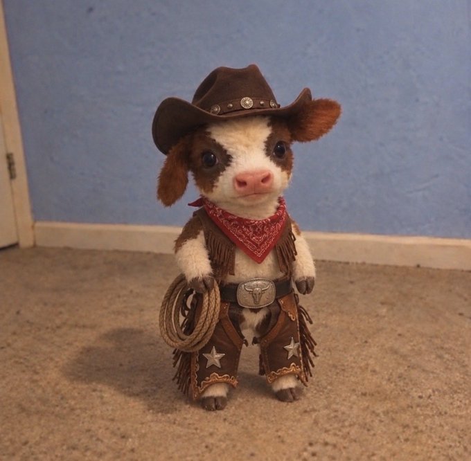 A stuffed calf toy dressed in a brown cowboy outfit complete with a hat, red bandana, belt buckle, chaps with stars, and holding a rope lasso.