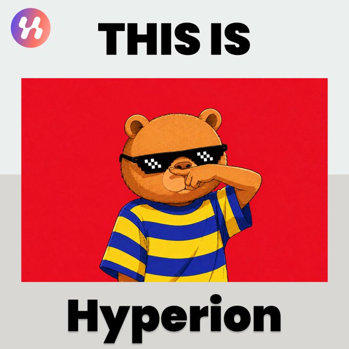 A meme-style graphic with the text 'THIS IS Hyperion' featuring a teddy bear wearing pixelated 'deal with it' sunglasses and a yellow and blue striped shirt against a red background, with a Hyperion logo in the top left.