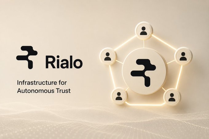 A branding graphic for "Rialo - Infrastructure for Autonomous Trust" featuring a hexagonal network diagram with user icons connected by glowing lines.