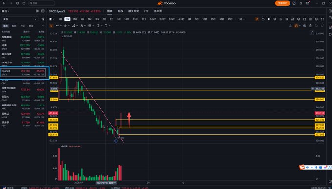 A candlestick chart for ticker SPCX (SPACEX) showing a price rebound from a low of 100.10 up to 133.110 (+15.93%), with horizontal resistance levels marked near 144.15 and support around 91.74, visually confirming the post's claim that the stock surged overnight from $114 to $133 and may continue rebounding toward $150.