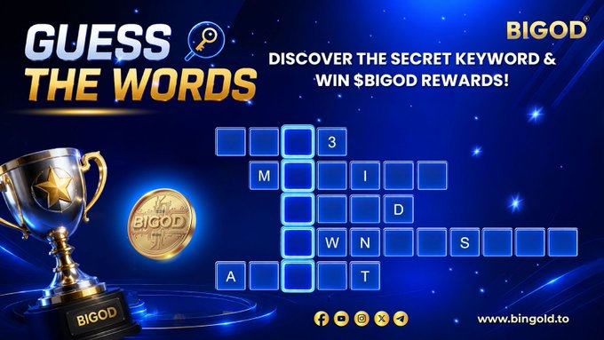 A 'Guess the Words' promotional graphic for BIGOD displays a crossword-style puzzle with scattered letters including 3, M, I, D, W, N, S, A, T, featuring a gold trophy and coin.