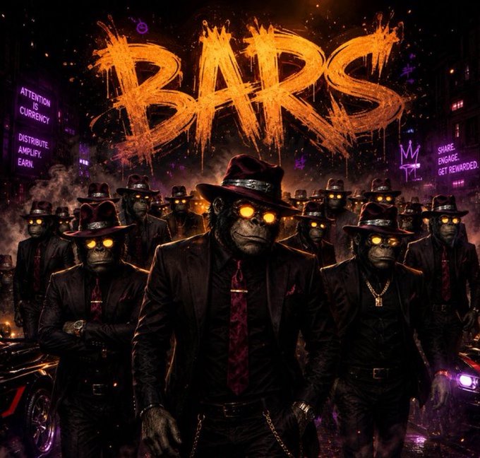 A stylized digital artwork with graffiti-style orange 'BARS' text at the top, depicting a group of menacing monkey figures in suits and fedoras with glowing yellow eyes, surrounded by neon signs reading 'ATTENTION IS CURRENCY' and 'SHARE. ENGAGE. GET REWARDED.'