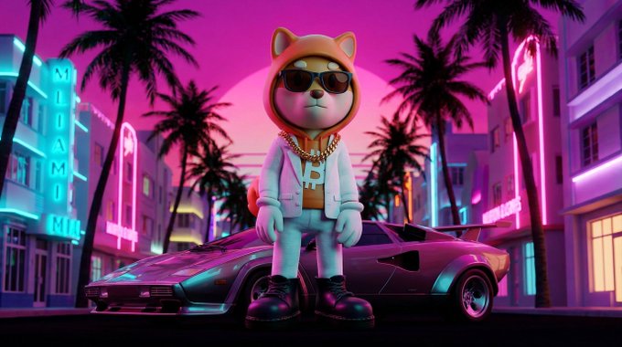 A stylized Shiba Inu character in sunglasses, gold chain, and white outfit stands in front of a sports car against a neon pink and purple cityscape with palm trees.