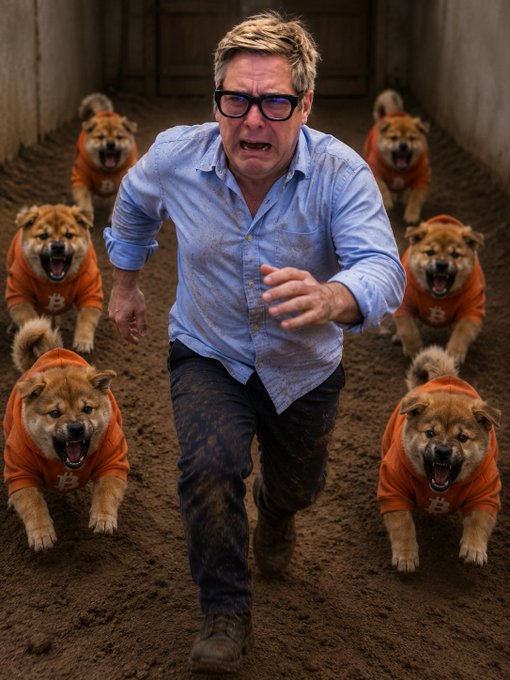 A panicked man in a blue shirt flees down a muddy corridor as a pack of fierce dogs in orange shirts bearing a Bitcoin "B" logo chase him with bared teeth. The image visually captures the post's warning about an unexpected and chaotic bull run, with the Bitcoin-branded dogs symbolizing the overwhelming force of $DOG and related crypto assets surging while retail investors scramble to keep up.