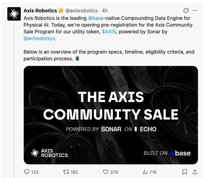 A tweet from Axis Robotics (@axisrobotics) announcing pre-registration for the Axis Community Sale Program for their utility token $AXIS, powered by Sonar on Base.