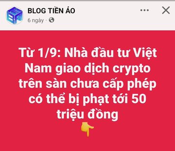 A Facebook post from 'BLOG TIỀN ẢO' featuring a red background with Vietnamese text stating 'Từ 1/9: Nhà đầu tư Việt Nam giao dịch crypto trên sàn chưa cấp phép có thể bị phạt tới 50 triệu đồng' (From 1/9: Vietnamese investors trading crypto on unlicensed exchanges may be fined up to 50 million VND).