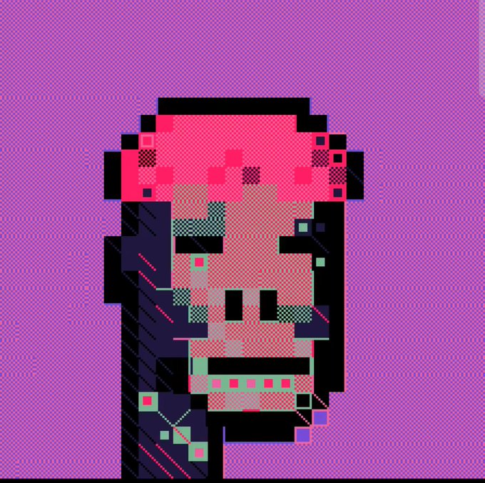 Pixel art portrait of a character with pink skin, glowing eyes, and a slight smile, set against a purple textured background in a glitchy digital style.