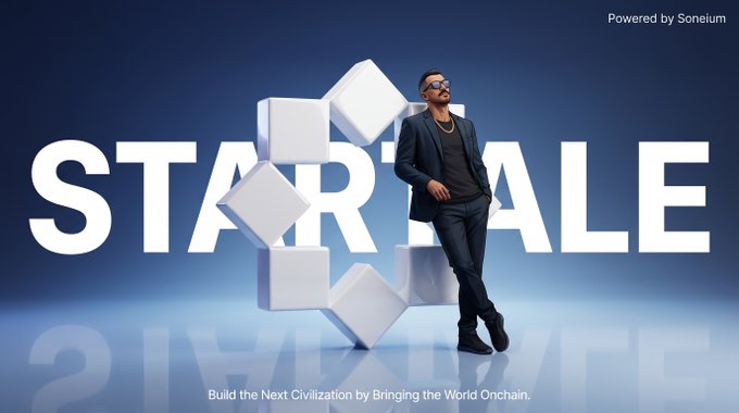 A promotional image for STAR SCALE powered by Soneium shows a man in a suit leaning against a stack of white cubes, with the tagline 'Build the Next Civilization by Bringing the World Onchain.'