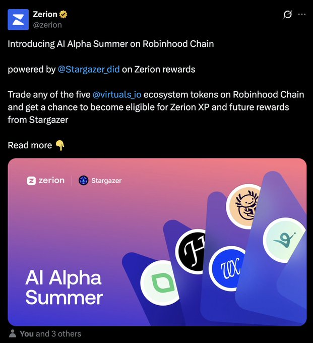 Zerion announces "AI Alpha Summer on Robinhood Chain," powered by Stargazer, offering users the chance to earn Zerion XP and future rewards by trading the five @virtuals_io ecosystem tokens on Robinhood Chain. The image reinforces this by displaying the "AI Alpha Summer" branding alongside Zerion and Stargazer logos, visually tying together the partnership with Virtuals and Robinhood Chain highlighted in the post.