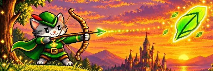 A pixel-art Robin Hood cat, clad in green and aiming a bow and arrow at a glowing green leaf-shaped gem, stands before a castle at sunset—visually embodying the "$ROBINCAT" mascot introduced as Robinhood's unofficial meme token with Sherwood Forest-inspired flair.