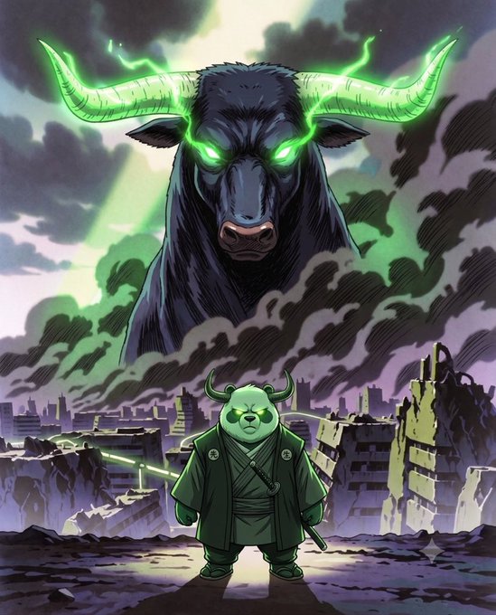 A small, determined panda warrior stands in the ruins of a destroyed city, gazing up at a massive, glowing-eyed bull spirit emerging from stormy clouds overhead. The image's epic, battle-ready stance parallels the post's rallying cry for "Bull morning" energy from the $AMSEM community, with the towering bull symbolizing bullish momentum while the resilient samurai panda represents the steadfast believers.