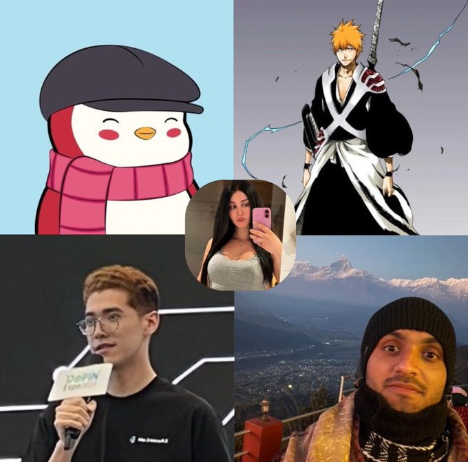 A collage celebrating the people who supported the creator's web-making journey, featuring a cartoon penguin in a pink scarf, the anime character Ichigo Kurosaki from Bleach, a woman taking a mirror selfie in a white tank top, a man speaking into a "DeFiN" microphone at an event, and a bearded man wearing a knit balaclava against a mountain backdrop. The image accompanies a post expressing gratitude to supporters like @KilianW146391 for helping secure @Kimi_Moonshot credits, which launched their web-making journey.