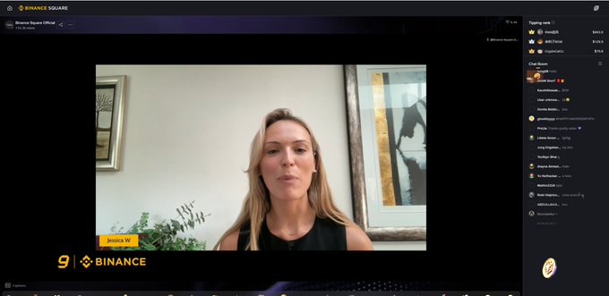 A Binance Square livestream featuring Jessica W, a blonde woman in a black top, with chat and tipping information visible on the right side of the screen.