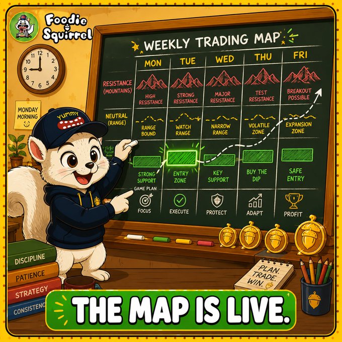 A cartoon illustration titled 'Foodie Squirrel - WEEKLY TRADING MAP' with 'THE MAP IS LIVE,' showing a squirrel character presenting a chalkboard chart of trading strategies for each weekday.
