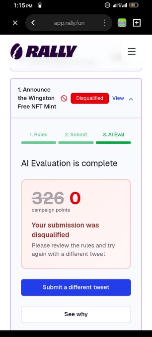 The image shows a cell phone screen displaying a message from an app called "@RallyOnChain". The message reads "This might be my last post for @RallyOnChain. I created my first post for the ongoing Wingston campaign and made it into the Top 20. Then I was told I had been disqualified and needed to create another post, which was". The screen also shows a list of rules that were violated in the disqualification process.