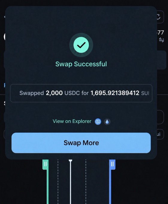 A dark-themed interface shows a green 'Swap Successful' notification indicating 'Swapped 2,000 USDC for 1,695.921389412 SUI' above a blue 'Swap More' button.
