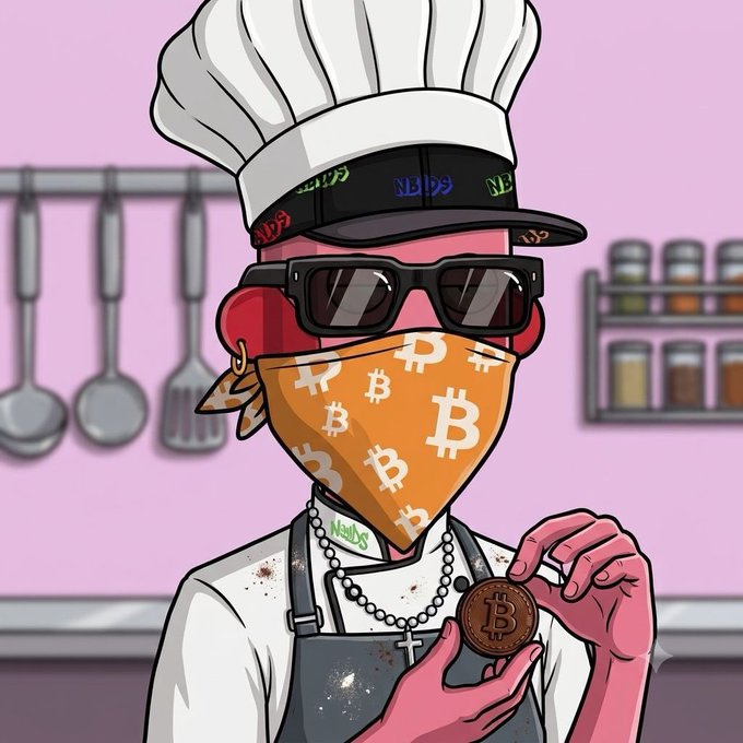 A cartoon chef wearing a Bitcoin-patterned bandana, dark sunglasses, and a chef's hat holds up a physical Bitcoin coin in a kitchen setting. The image playfully combines crypto culture with cooking, fitting the "gm nfts" vibe of casual crypto/NFT community greetings.