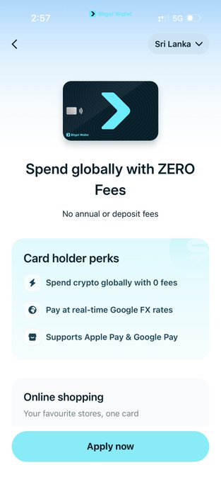 The image shows a smartphone screen displaying information about a wallet app called @BitgetWallet Card, which allows users to spend globally with zero annual fees. The app has been launched for Sri Lanka, as indicated by the text "Sri Lanka". The user interface features a menu bar and a list of options, including joining the waitlist or applying for a card holder perks. The main focus is on the "Open Bitget Wallet" button, which will lead to the Card section where users can select Sri Lanka and proceed with the application process.