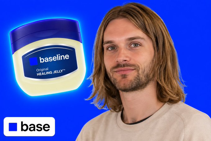 A smiling man with long blonde hair and a beard stands beside a jar of "Baseline Original Healing Jelly" against a blue background, with the "base" logo displayed below, humorously promoting the product as a Cobie-approved decentralized Base-branded lubricant.