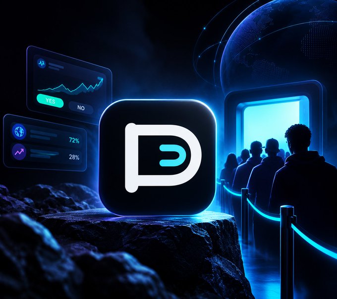 A futuristic blue-lit scene centers on a glowing app-like logo on a rock, with floating data charts and silhouetted people near a glowing doorway.