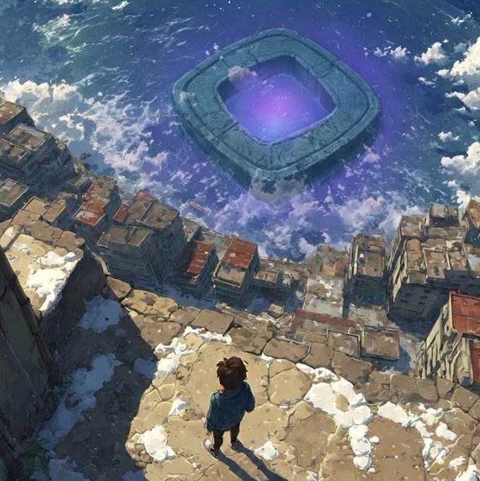 An anime-style illustration showing a small character standing on a stone ledge overlooking a coastal town, with a large glowing purple and blue portal or structure emerging from the ocean waves.