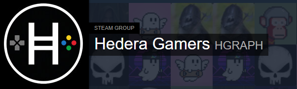 The 'Hedera Gamers' Steam Group logo featuring a stylized 'H' with colorful dots and pixelated character art.