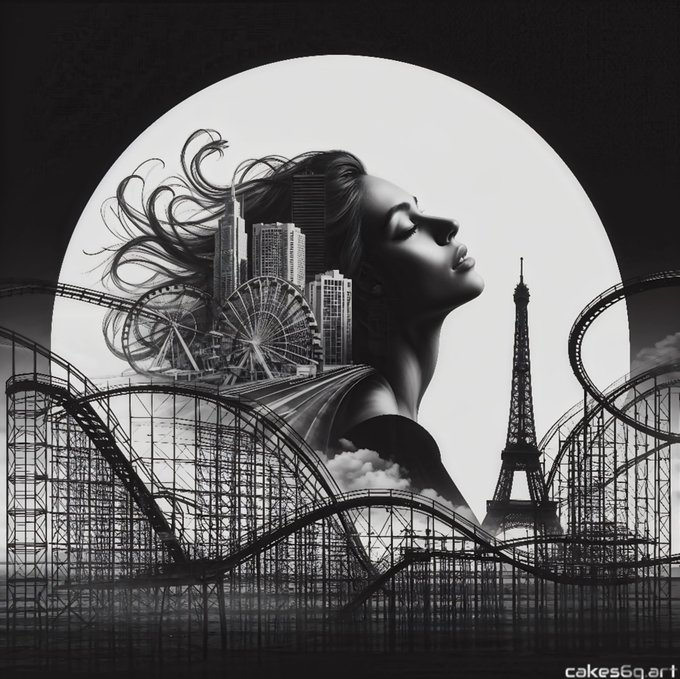 A black-and-white surreal digital illustration blending a woman's profile with city architecture, the Eiffel Tower, roller coasters, and flowing hair, signed 'cakes6q.art' in the corner.