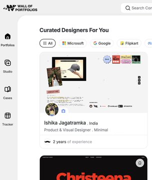 Mobile app screenshot of 'Wall of Portfolios' showing 'Curated Designers For You' section featuring Ishika Jagatramka, an Indian Product & Visual Designer with 2 years of experience.