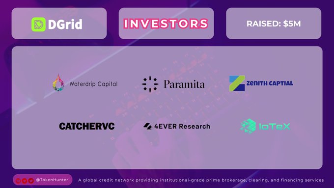 A promotional graphic for 'DGrid' showing investors including Waterdrip Capital, Paramita, Zenith Capital, Catchervc, 4EVER Research, and IoTeX, with 'RAISED: $5M' displayed.