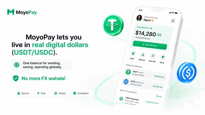 The image features a cell phone with an app displayed that says "MoyoPay lets you live in real digital dollars (USDC)". The app is designed for sending and receiving money, making it easier for users to manage their finances online. The text on the screen reads "Happy New Month Building isn'e always smooth, but progress is what matters. @mymoyopay is on a mission to make digital dollars simple for everyone one balance for sending, saving, and spending globally". This message emphasizes the importance of the app's purpose in simplifying financial management for users around the world.