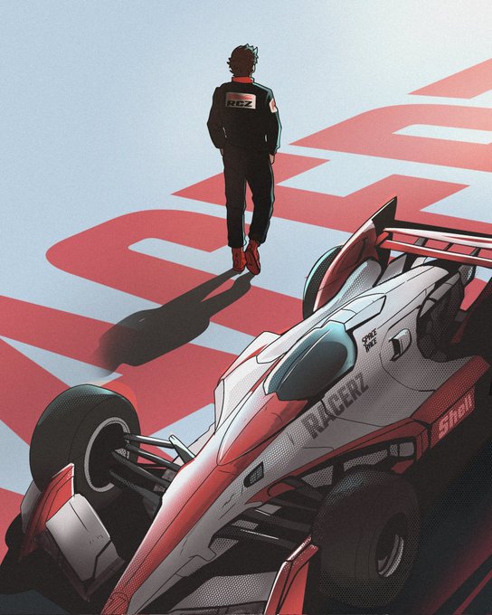 The image features a man standing next to a race car that has been dropped into an anime game. The car's design is futuristic, with red and white colors, giving it a wild and futuristic appearance. The man appears to be wearing a racing suit, which further emphasizes the theme of racing in this particular game. The post also mentions "RACERZ just dropped into the game 2222 anime racers hitting Ethereum this June. Think retro racing mixed with crazy futuristic cosmic vibes." This suggests that the image is related to an anime or video game featuring a character named RACERZ, who has just dropped into the game and is now facing off against the Sovereigns in a race scenario.