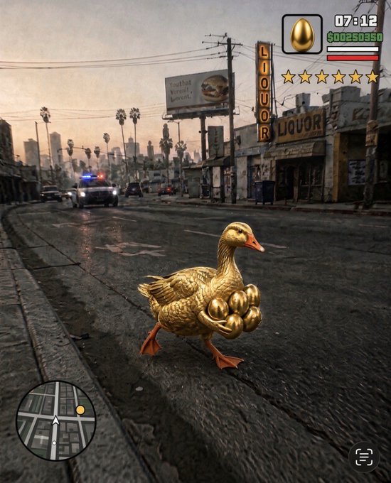 A screenshot from GTA V's Goose Invaders mod showing a golden goose walking down a gritty urban street while carrying golden eggs, with HUD elements displaying a score of 00250350, 07:12, and a six-star wanted level.