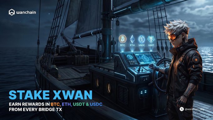 The image is a promotional graphic for Wanchain featuring a stylized anime-like character with white hair and goggles standing at the helm of a sailing ship, with crypto icons (BTC, ETH, USDC, USDT) displayed on the ship's console. The text reads "STAKE xWAN, EARN REWARDS IN BTC, ETH, USDT & USDC FROM EVERY BRIDGE TX," visually reinforcing the post's message by illustrating how bridging WAN to xWAN transforms users from passive tool-users into captains steering through a multi-chain crypto ecosystem that rewards them.